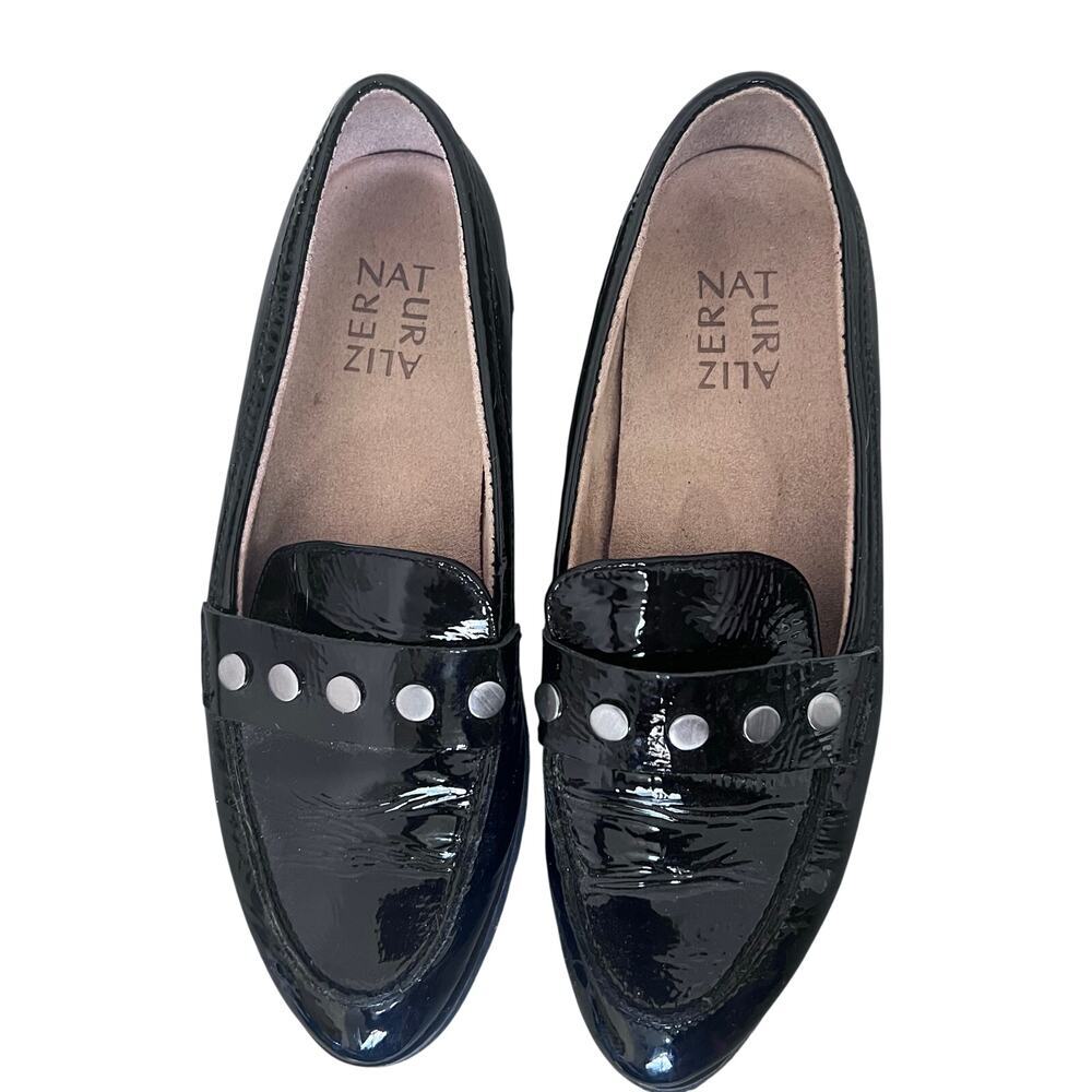 Naturalizer GAIA Lug Studs SOLE Black Patent Leather Loafer Slip On Shoes‎ 6.5